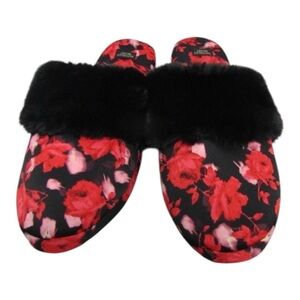 Victoria's Secret Black and Red Floral Slippers sz L. NWT